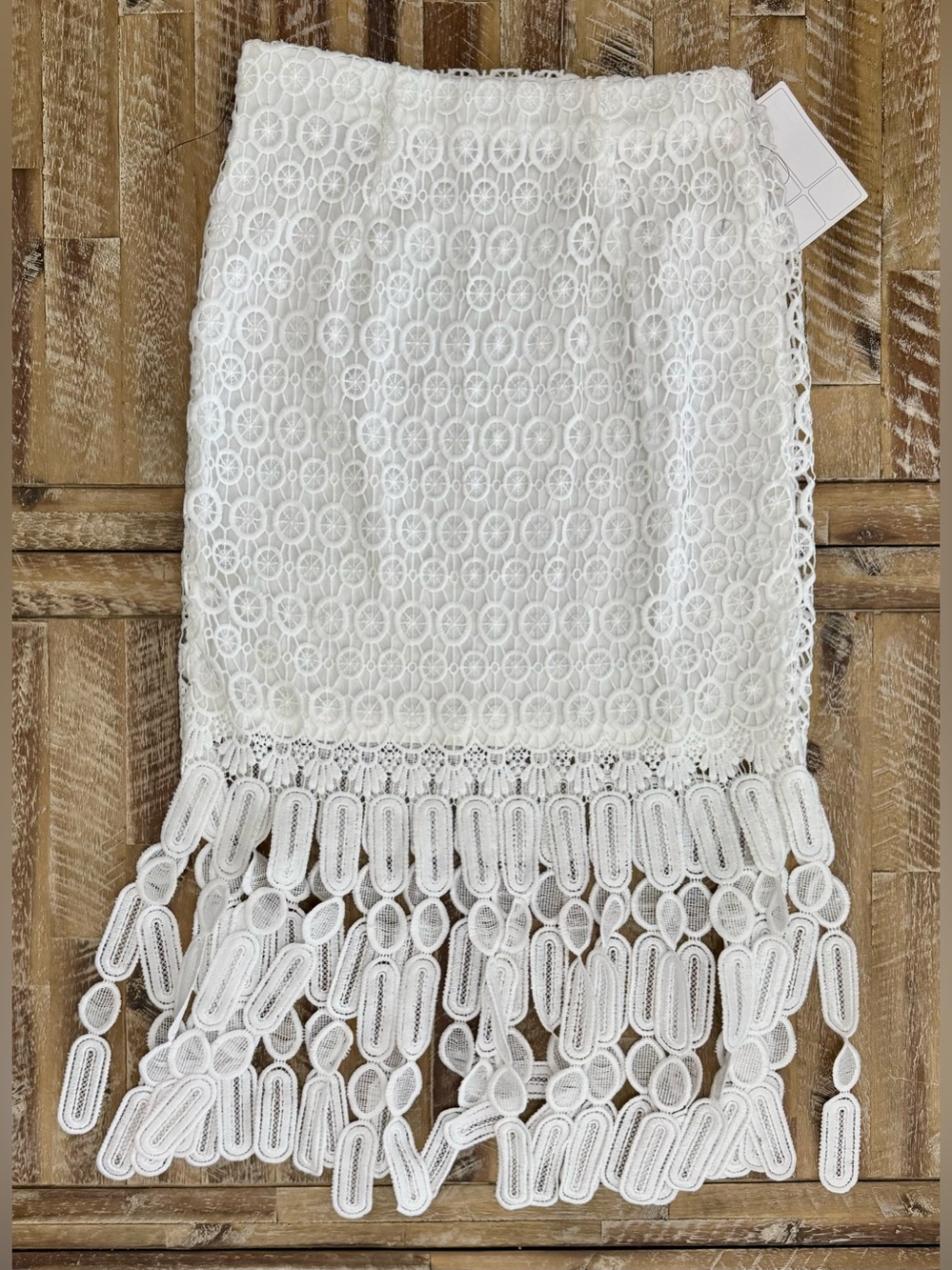 Skies Are Blue White Lace Midi Skirt with Fringe Hem - Picture 3 of 9